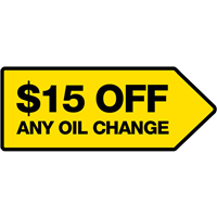 FullSpeed Automotive 46x18 Double Sided $15 Off Any Oil Change Spinner Sign - YELLOW