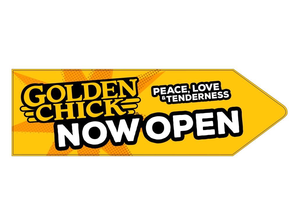 55" X 17" Golden Chick Now Open Arrow Spinner Sign
